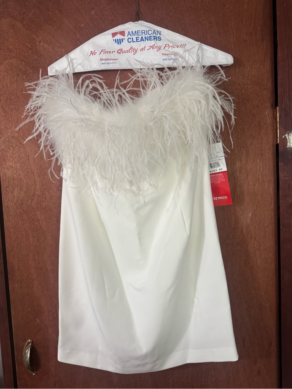 David's Bridal White Feather-Trim Mini Dress